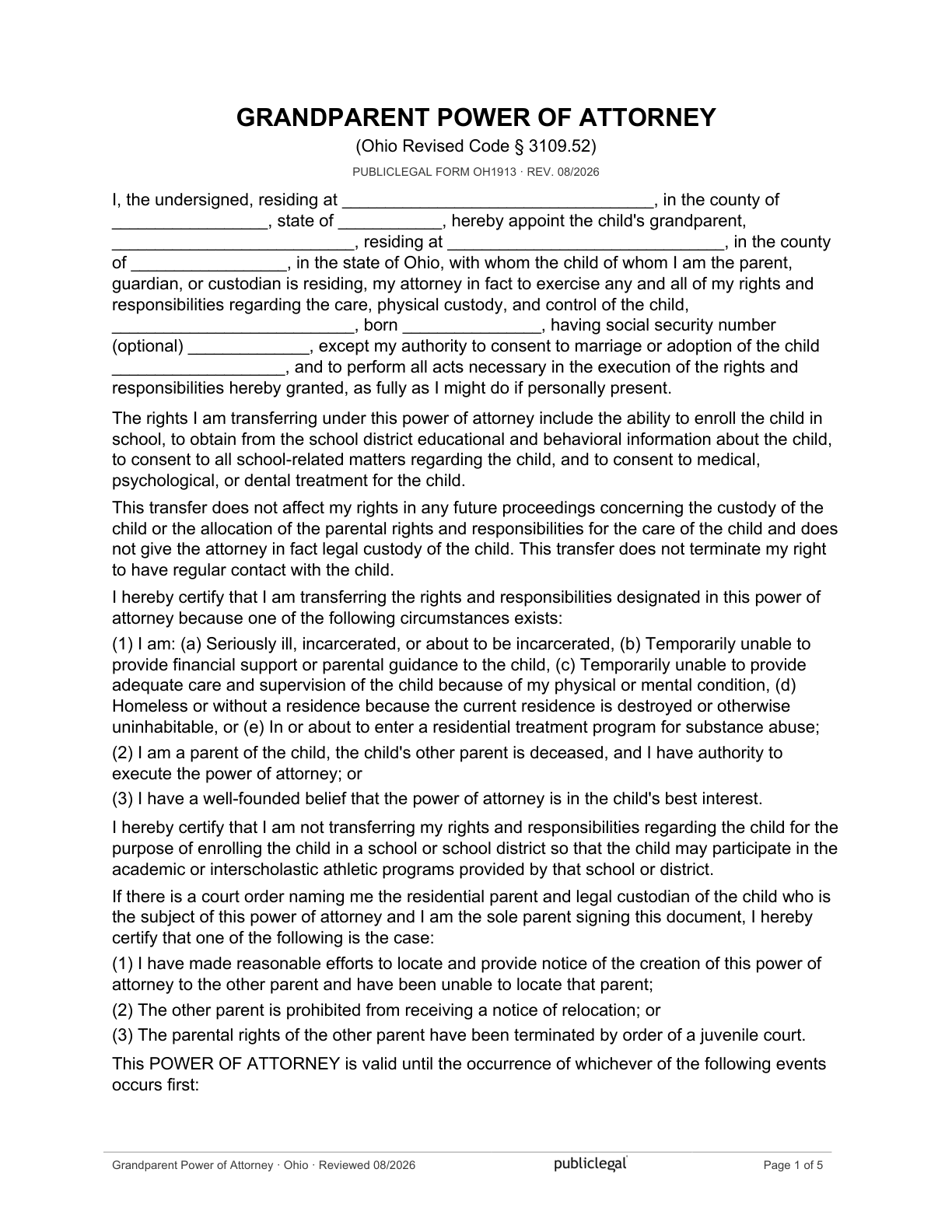 Page 1 of the Ohio Grandparent Power of Attorney