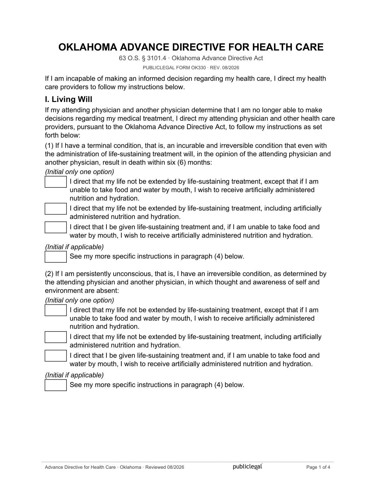 Page 1 of the Oklahoma Advance Directive for Health Care form, as delivered in the download