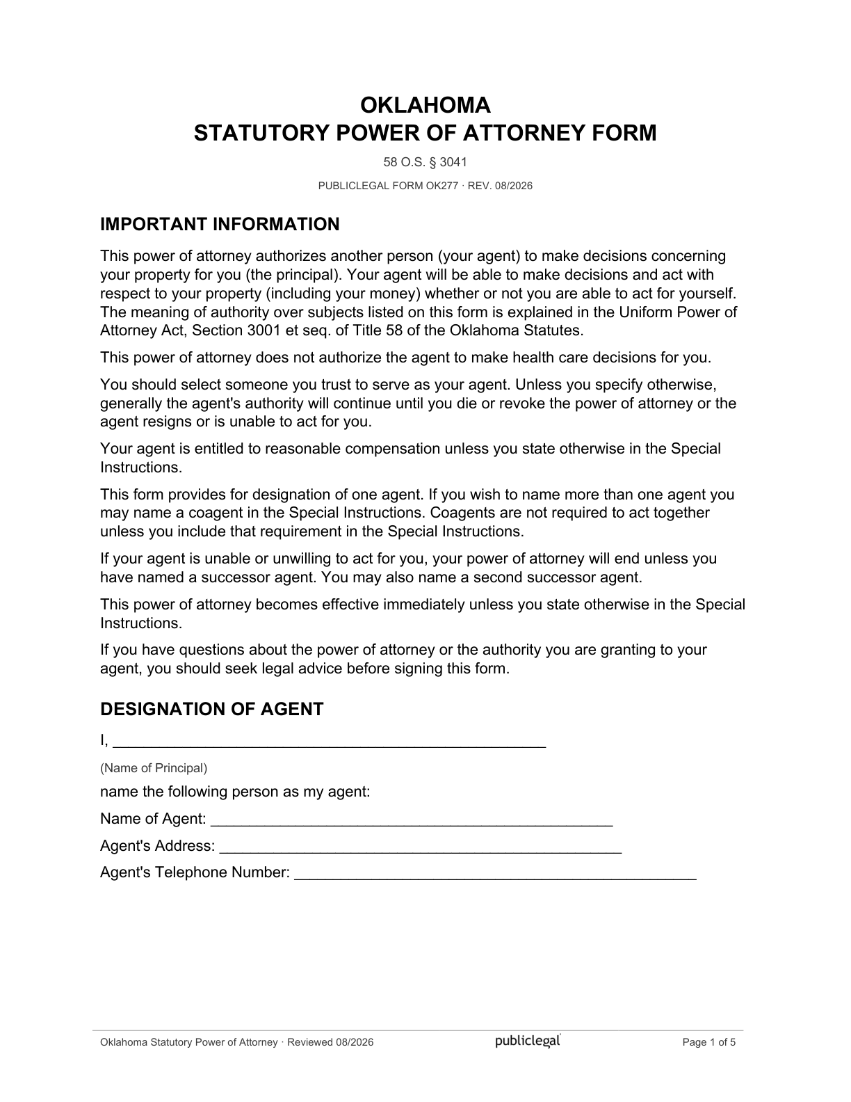 Page 1 of the Oklahoma Statutory Power of Attorney