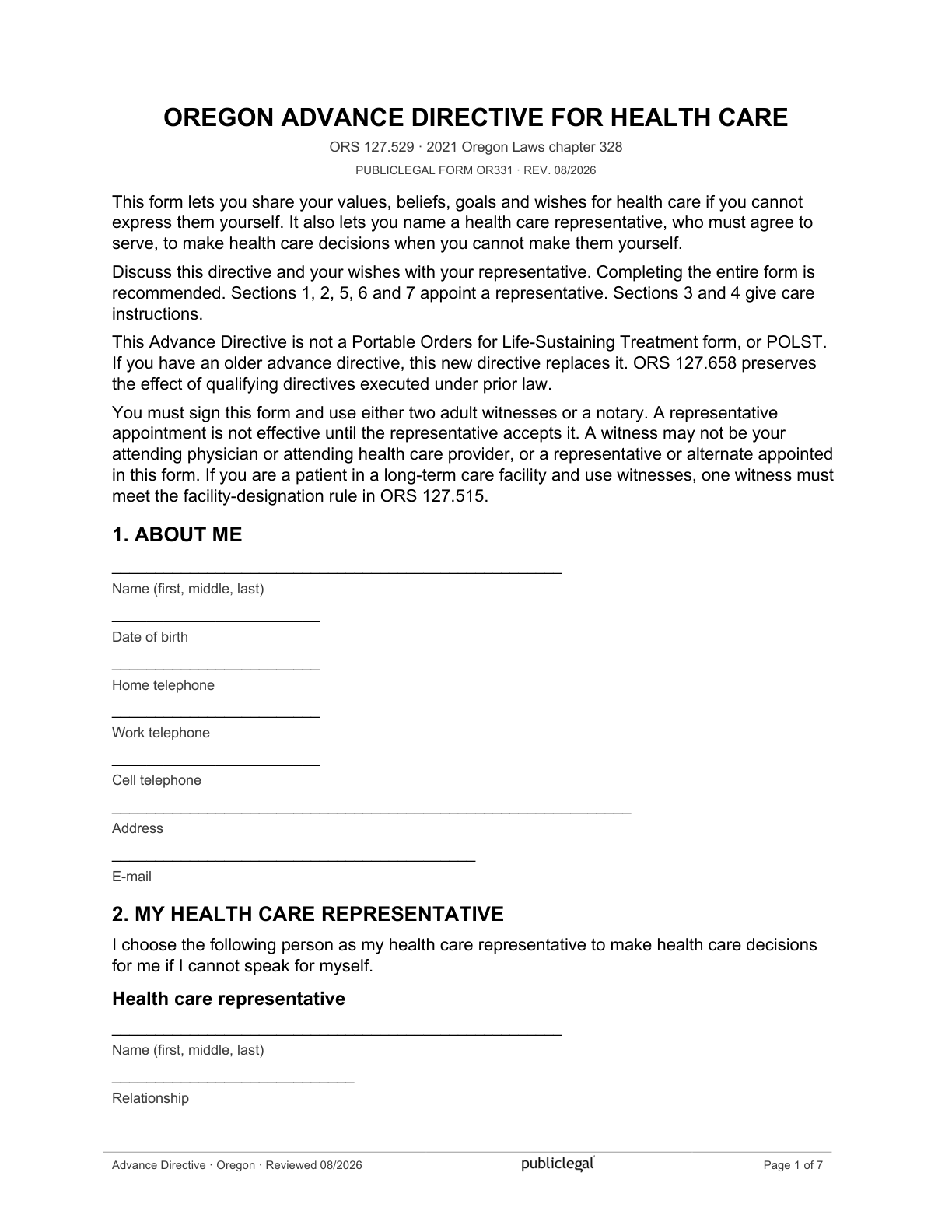 Page 1 of the Oregon Advance Directive for Health Care