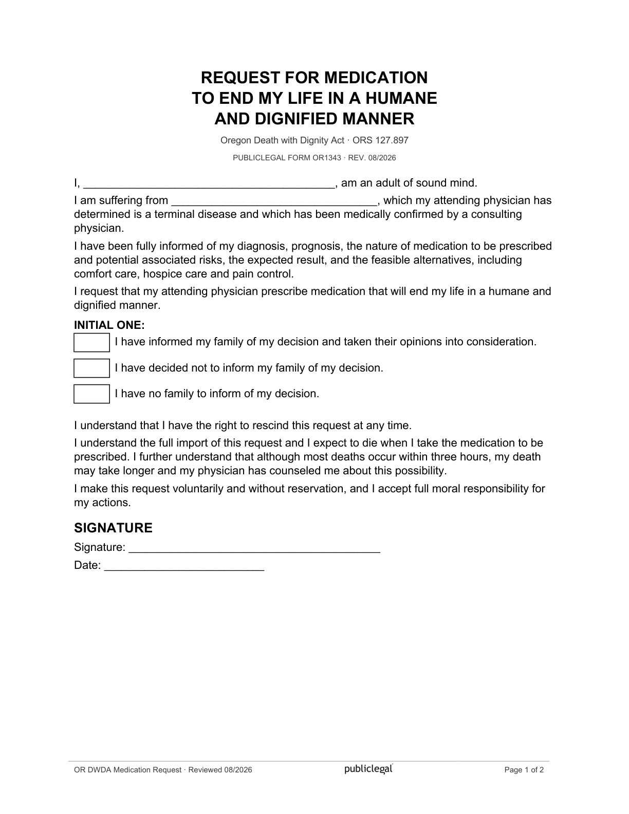 Page 1 of the Oregon Death with Dignity Act Medication Request