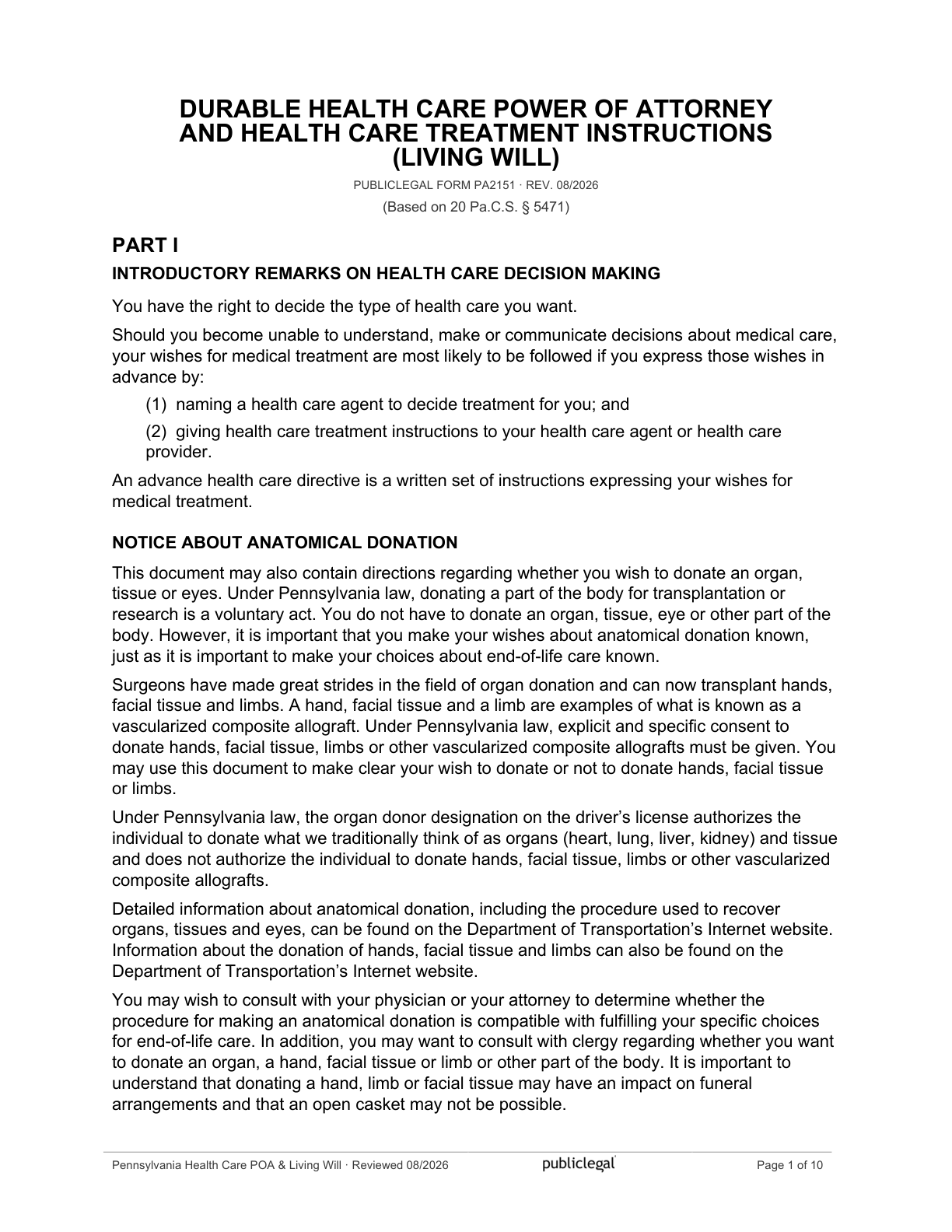 Page 1 of the Pennsylvania Durable Health Care Power of Attorney and Health Care Treatment Instructions form, as delivered in the download