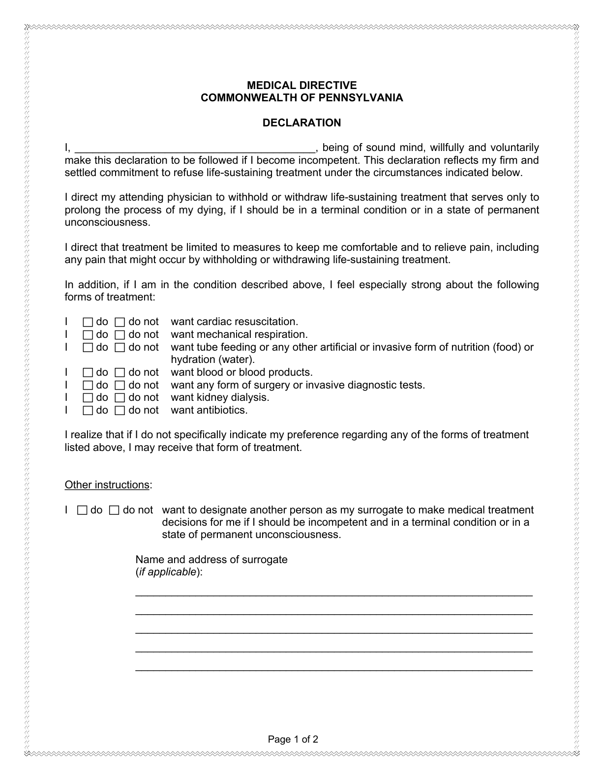 Page 1 of the Pennsylvania Medical Directive, as delivered in the download