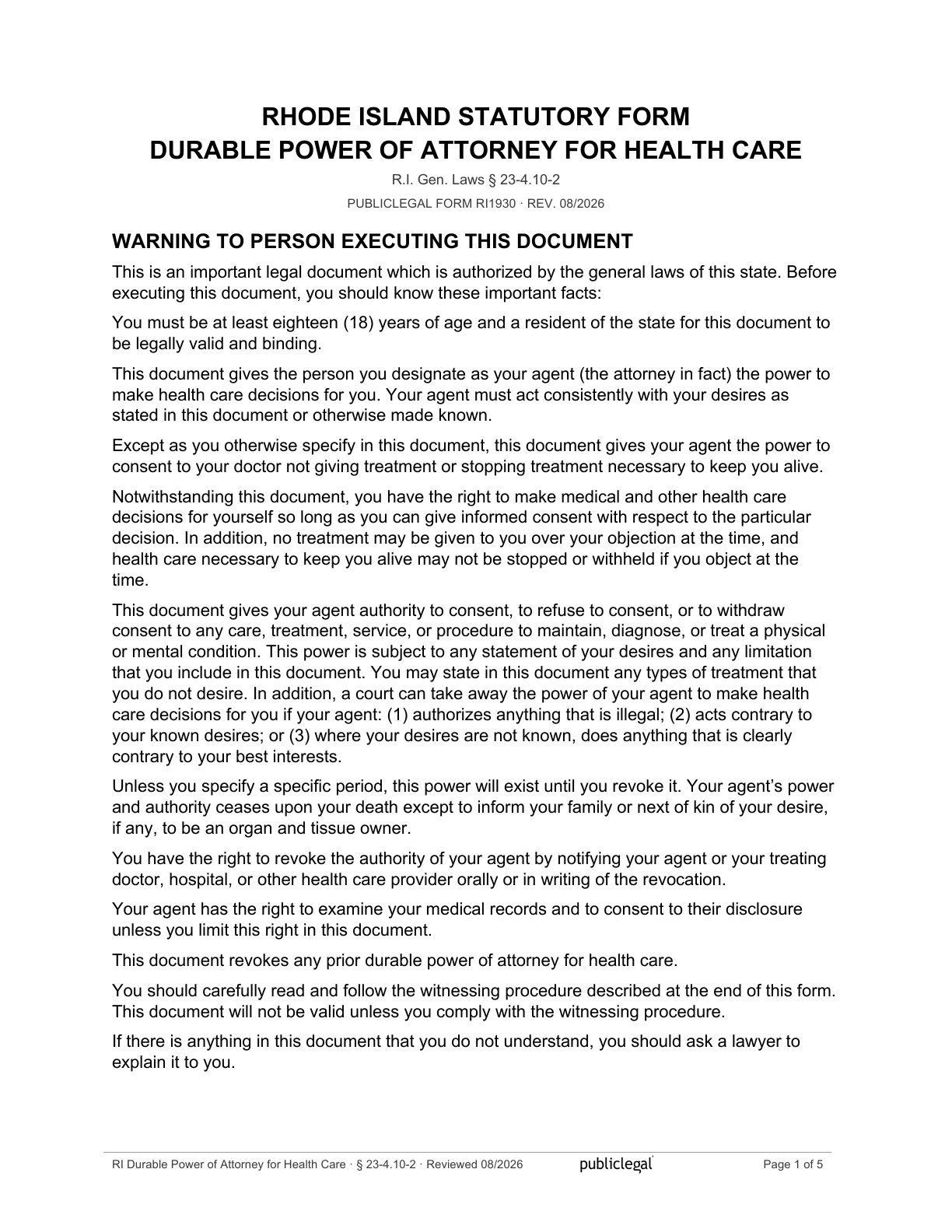 Page 1 of the Rhode Island Statutory Form Durable Power of Attorney for Health Care form, as delivered in the download