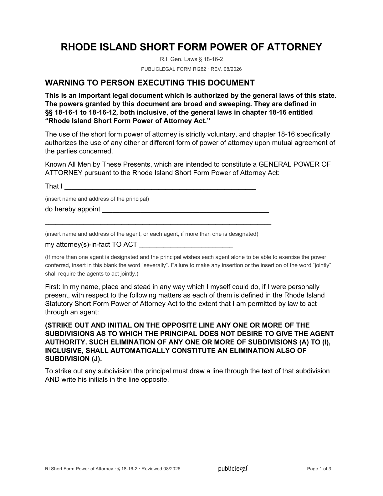 Page 1 of the Rhode Island Short Form Power of Attorney form, as delivered in the download