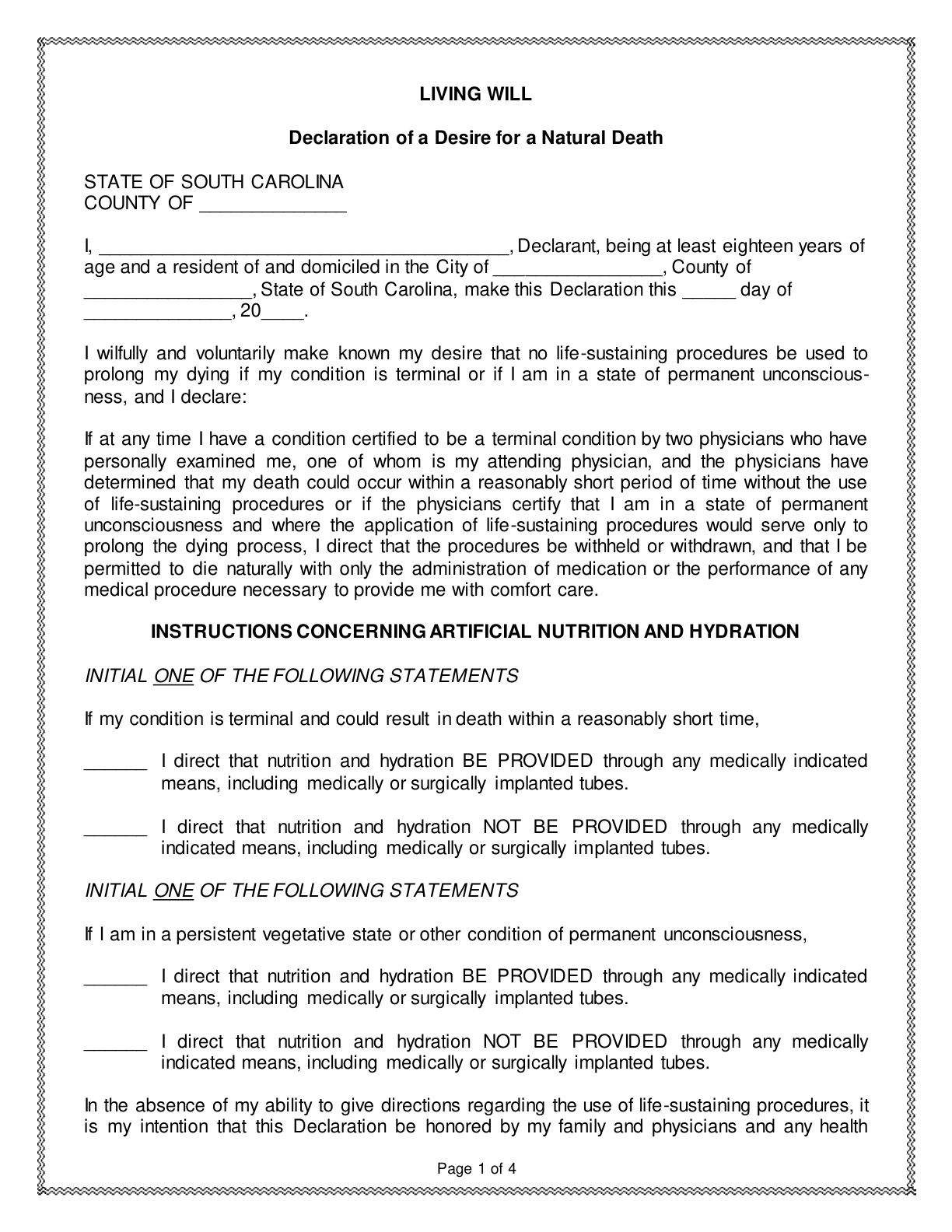 Page 1 of the South Carolina Living Will form, as delivered in the download