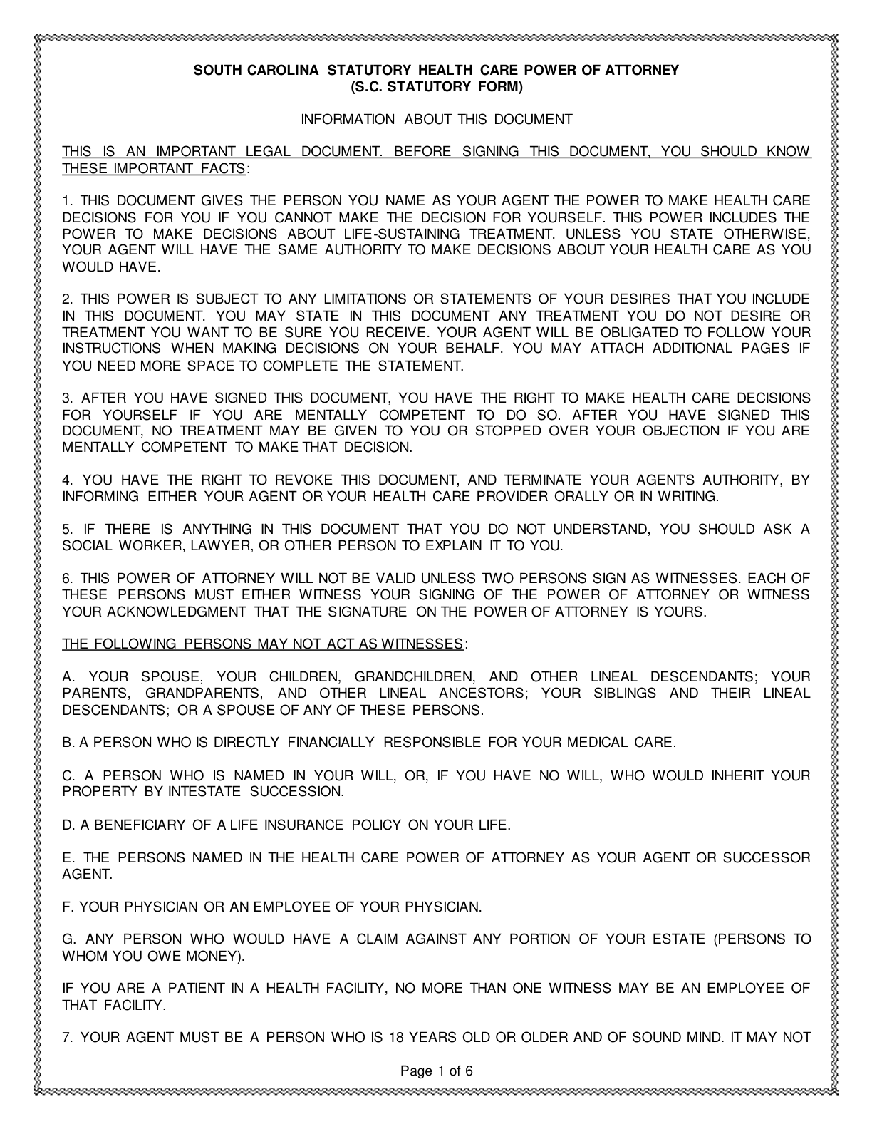 Page 1 of the South Carolina Statutory Health Care Power of Attorney form, as delivered in the download