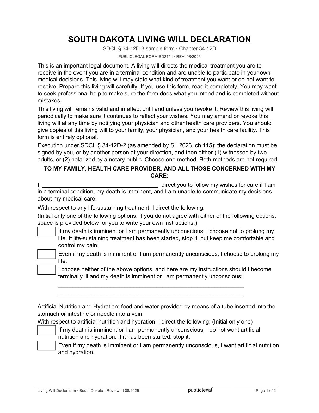 Page 1 of the South Dakota Living Will Declaration form, as delivered in the download