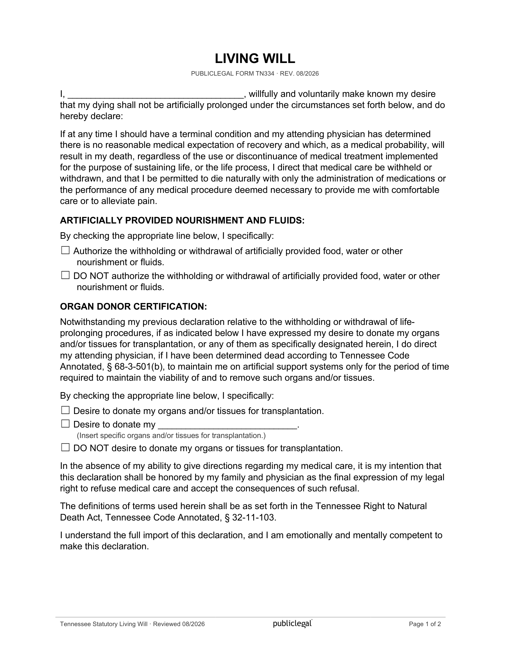 Page 1 of the Tennessee Statutory Living Will, as delivered in the download