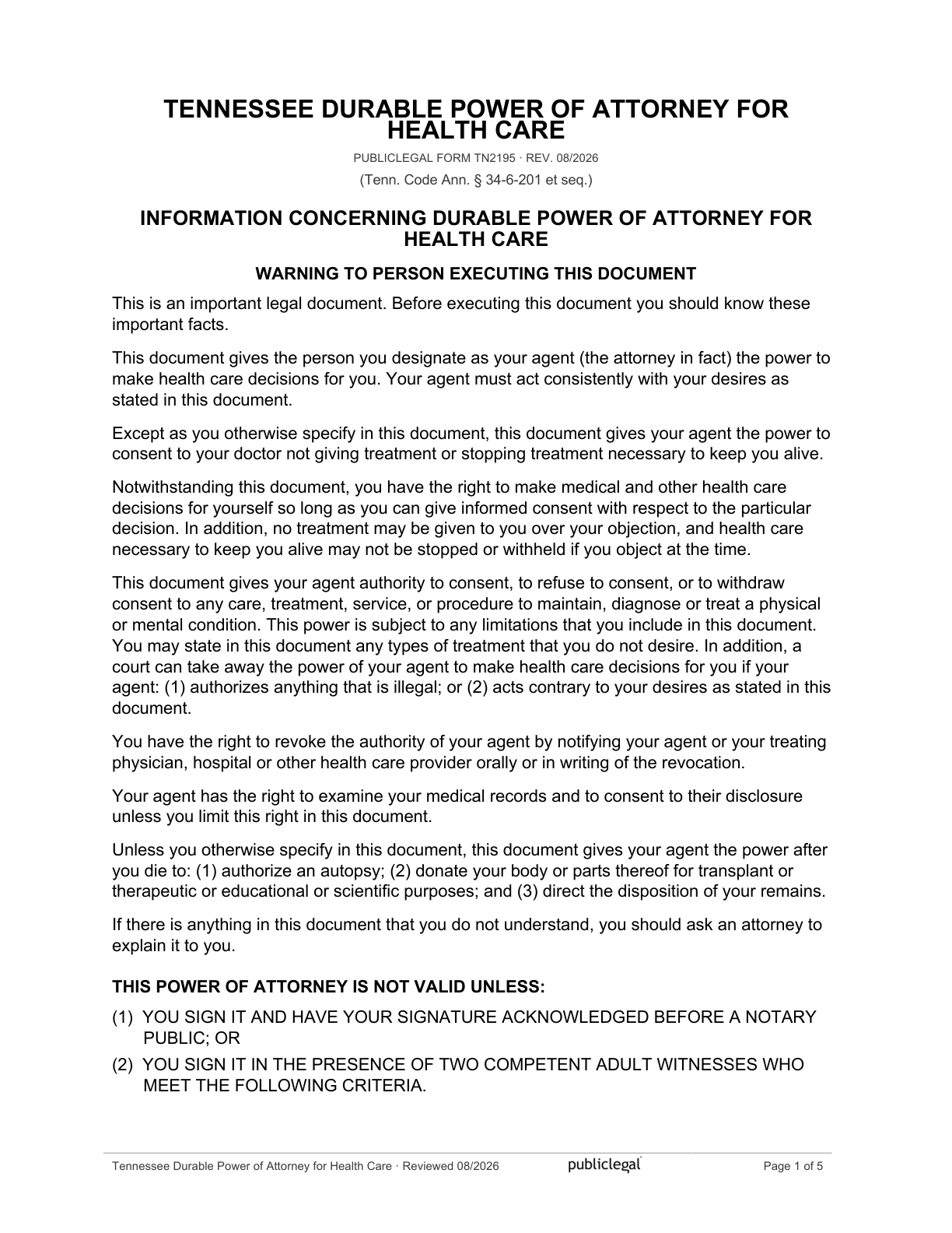 Page 1 of the Tennessee Durable Power of Attorney for Health Care