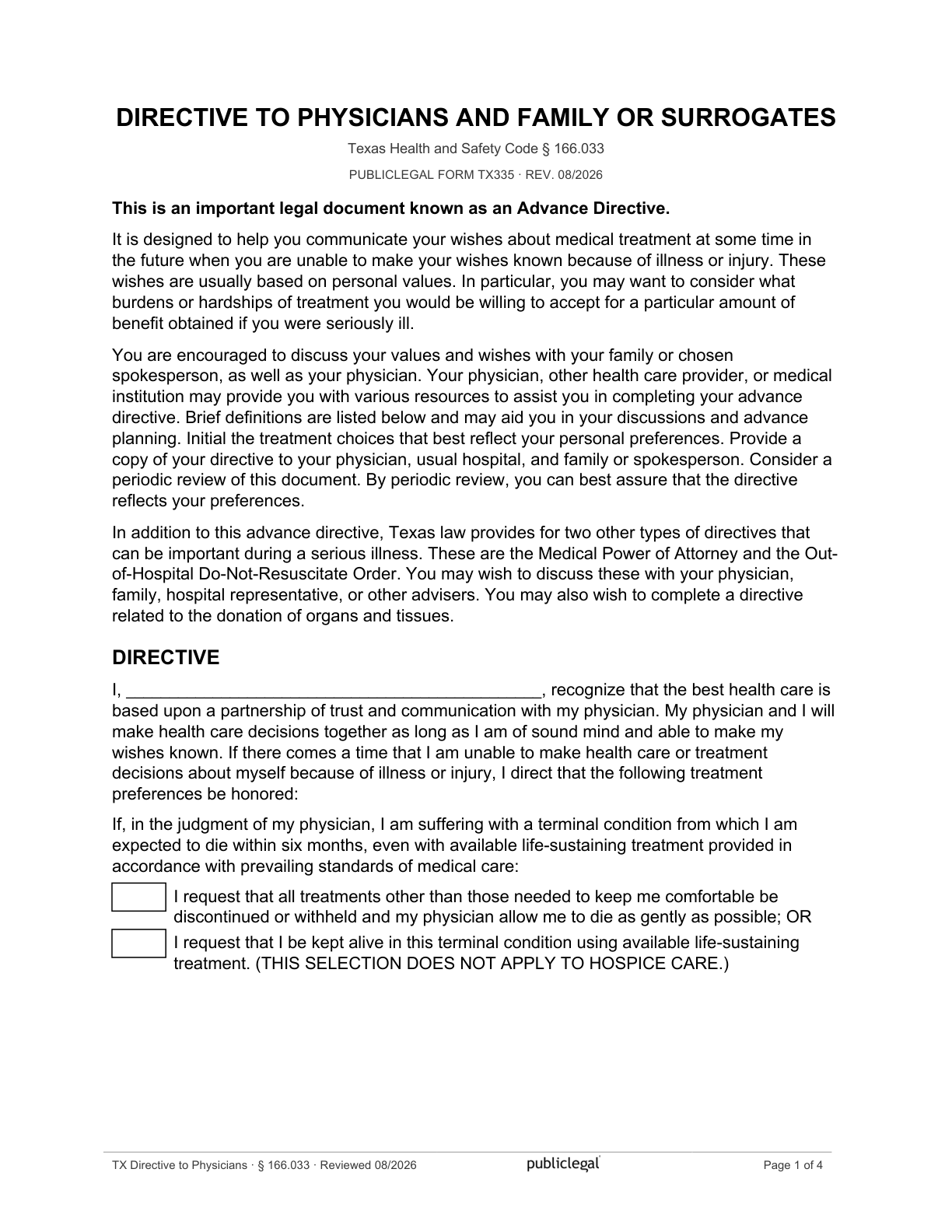Page 1 of the Texas Directive to Physicians and Family or Surrogates form, as delivered in the download