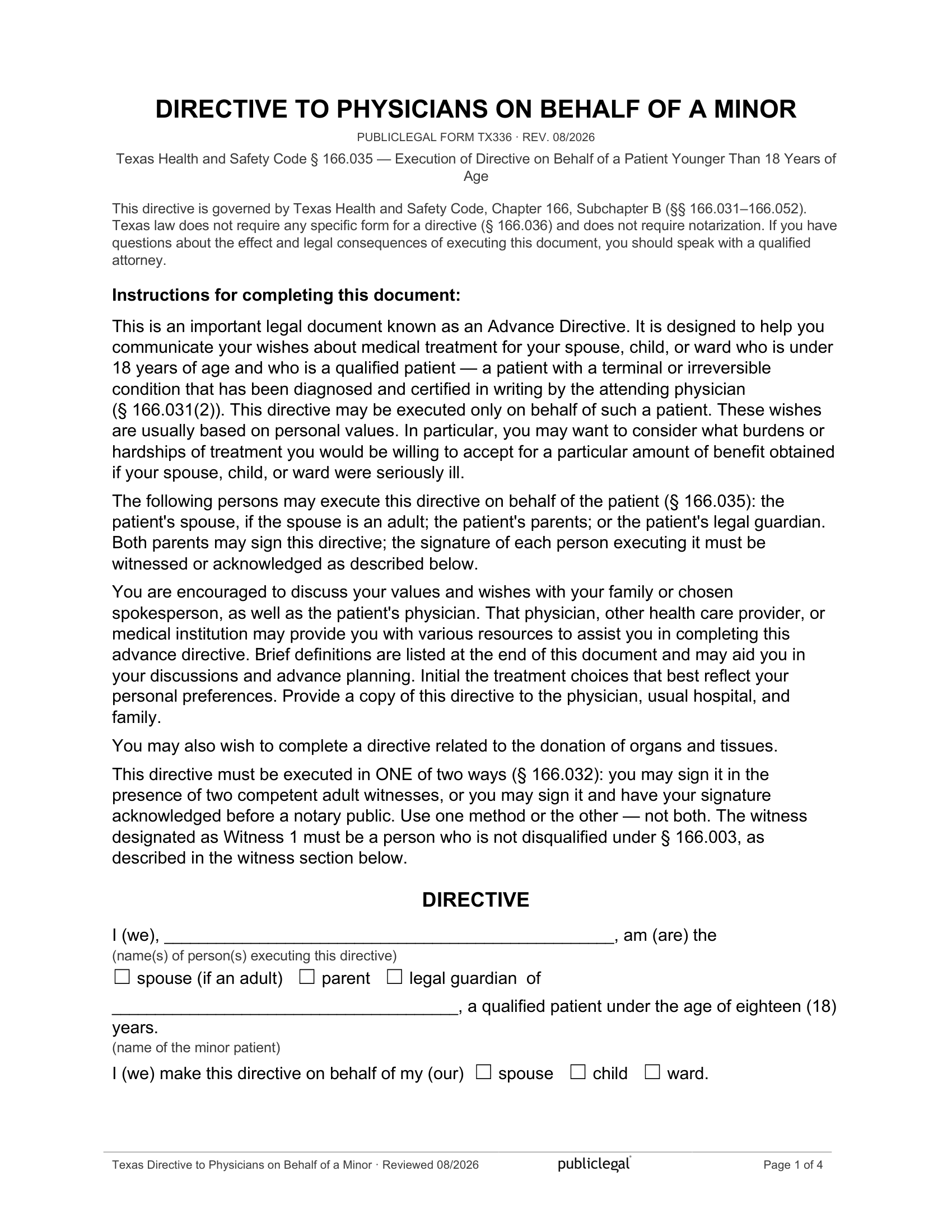Page 1 of the Texas Directive to Physicians on Behalf of a Minor, as delivered in the download