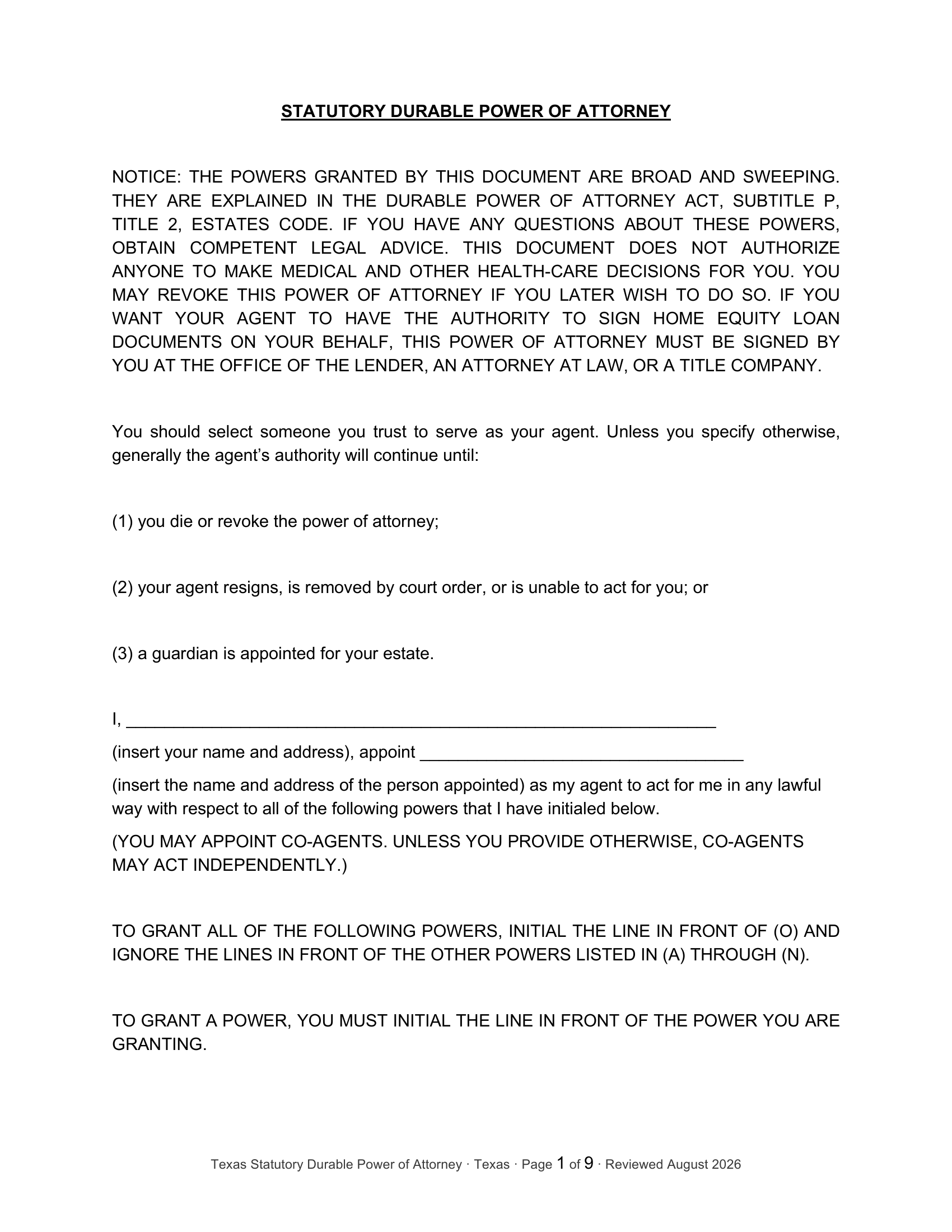 Page 1 of the Texas Statutory Durable Power of Attorney form, as delivered in the download