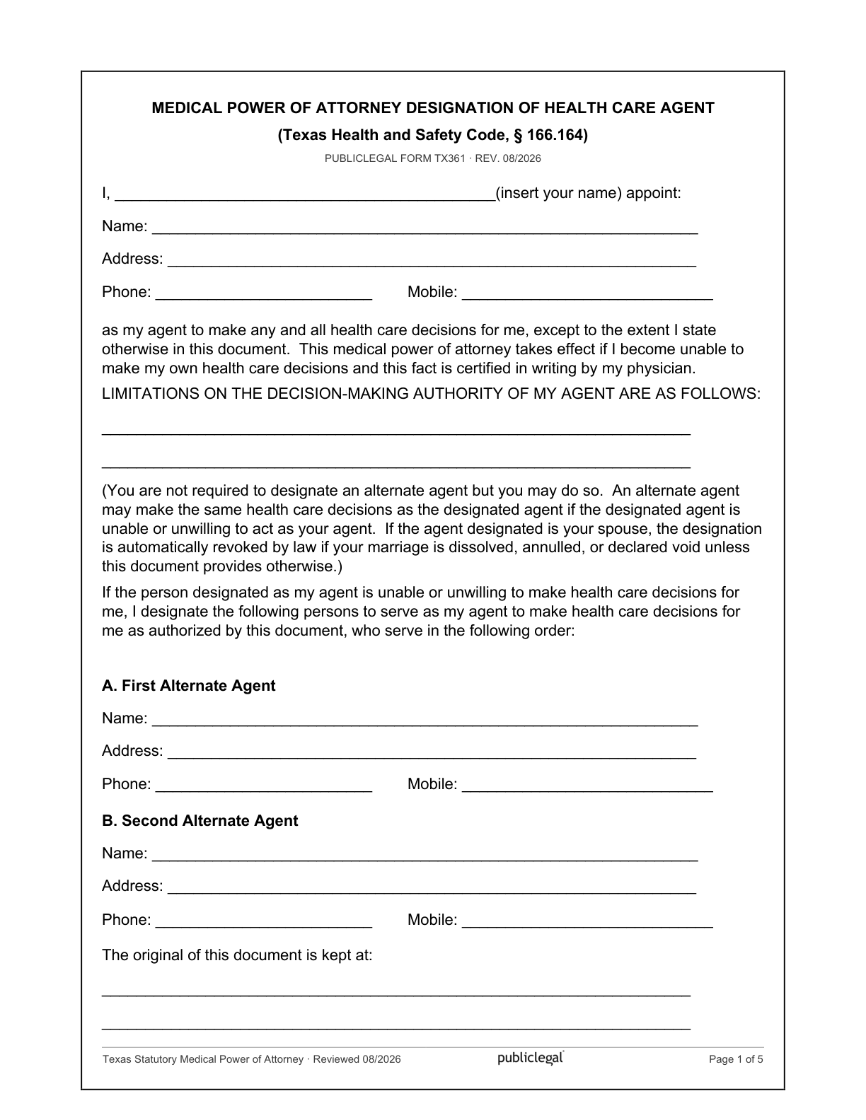 Page 1 of the Texas Statutory Medical Power of Attorney form, as delivered in the download