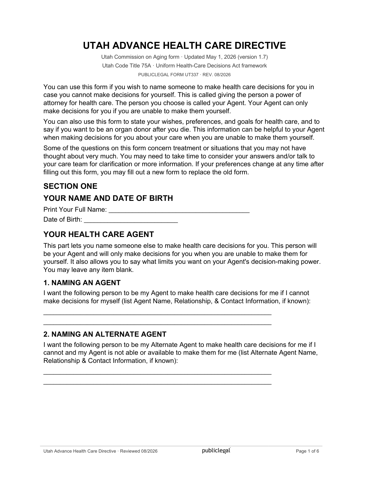 Page 1 of the Utah Advance Health Care Directive, as delivered in the download