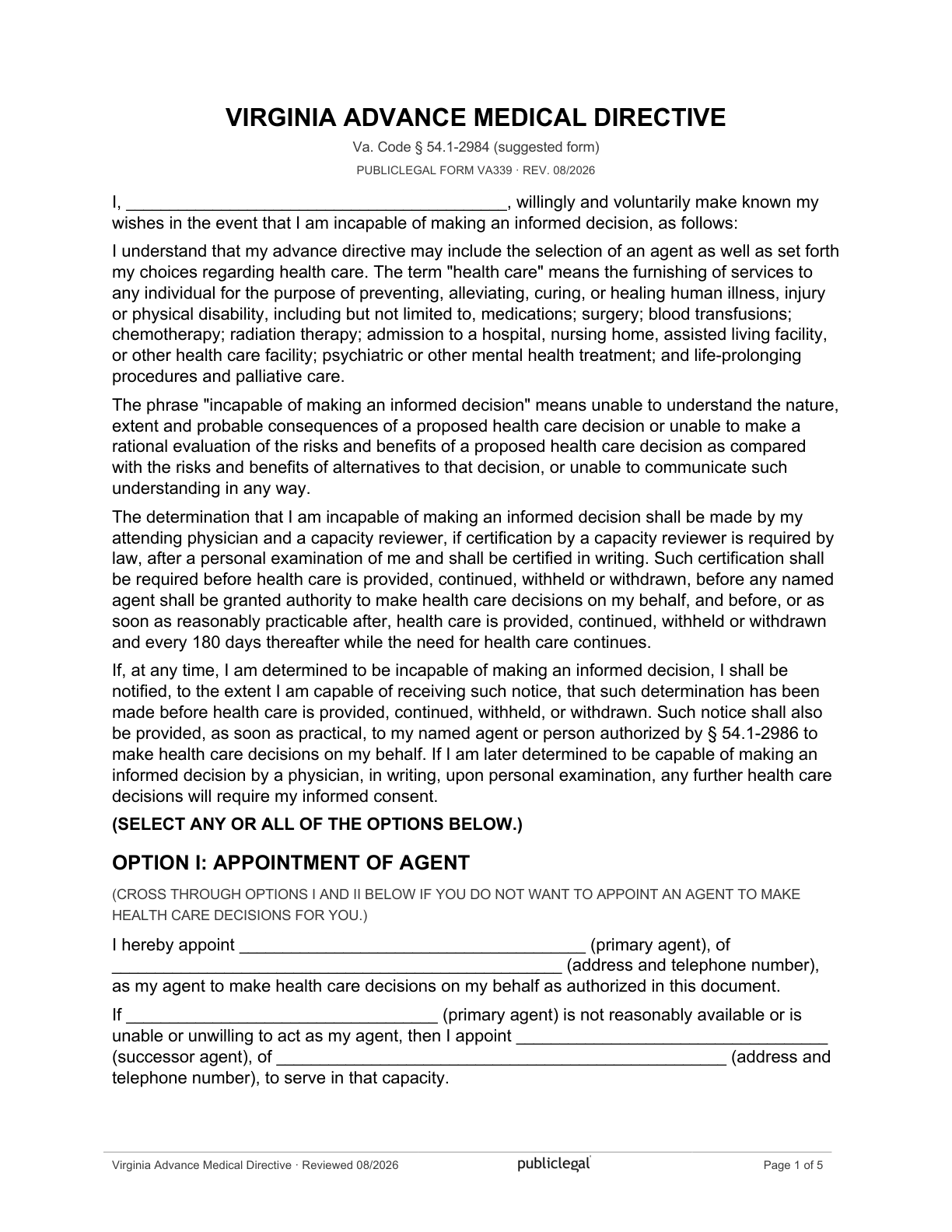 Page 1 of the Virginia Advance Medical Directive