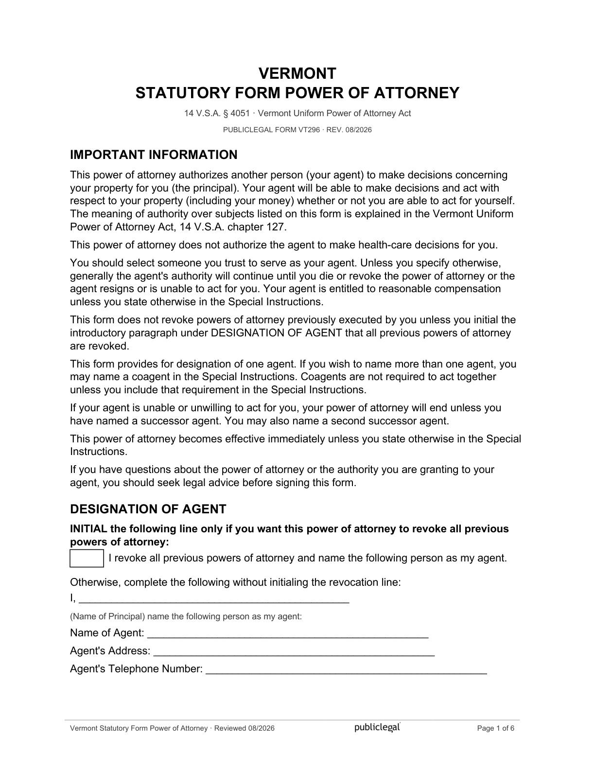 Page 1 of the Vermont Statutory Form Power of Attorney, as delivered in the download