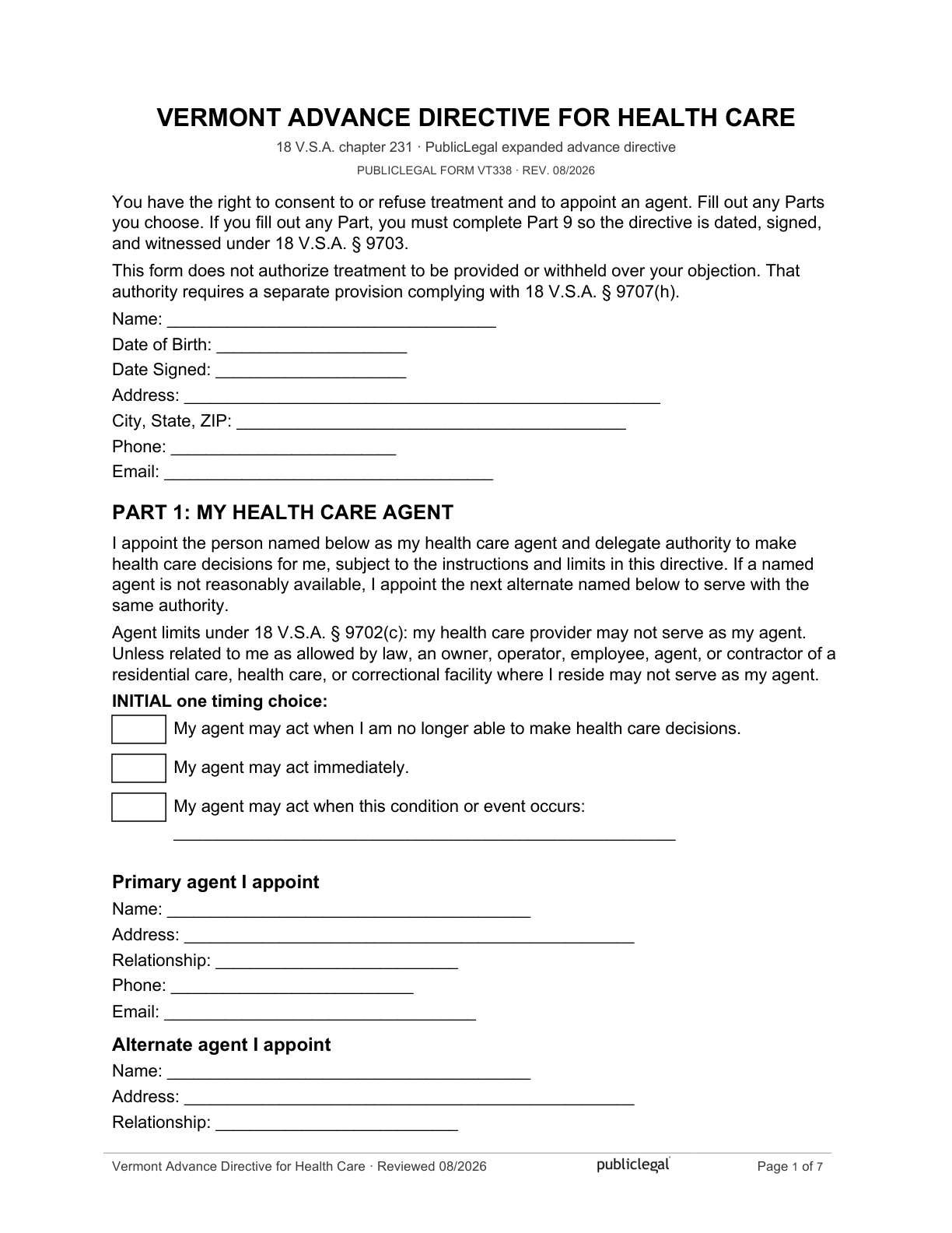 Page 1 of the Vermont Advance Directive for Health Care