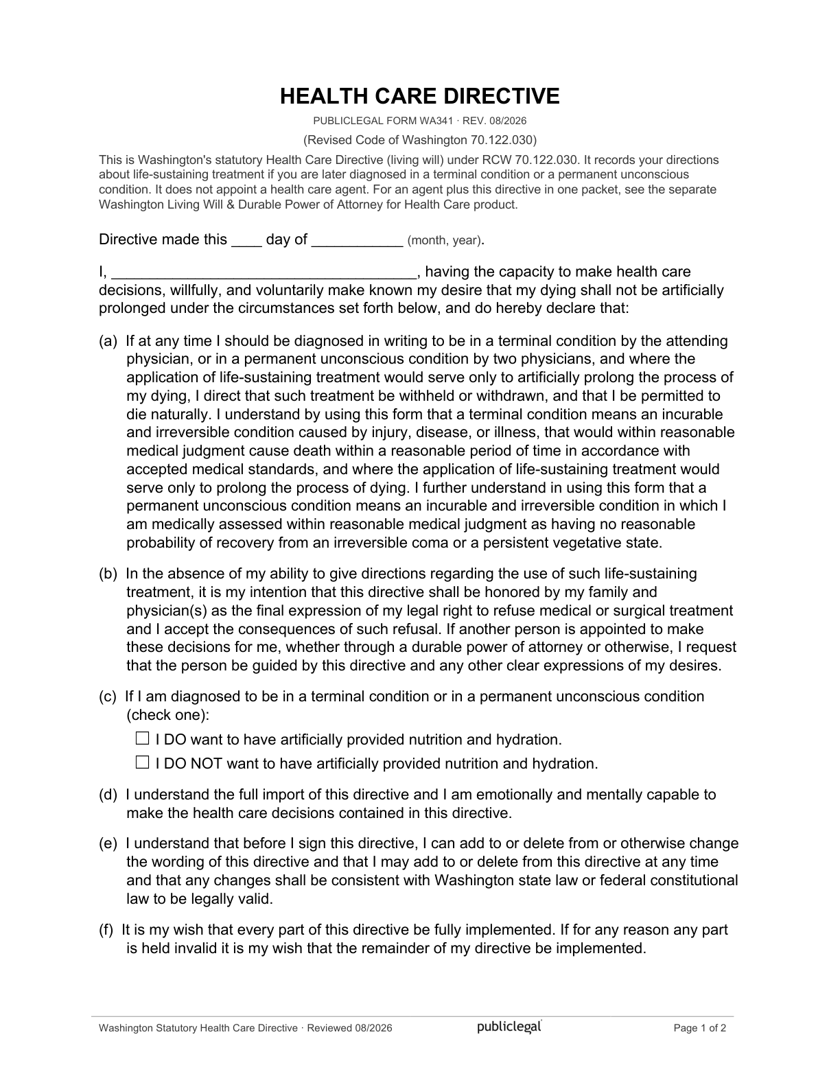 Page 1 of the Washington Statutory Health Care Directive, as delivered in the download