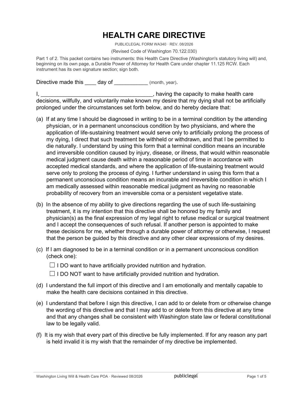 Page 1 of the Washington Health Care Directive and Durable Power of Attorney for Health Care packet, as delivered in the download