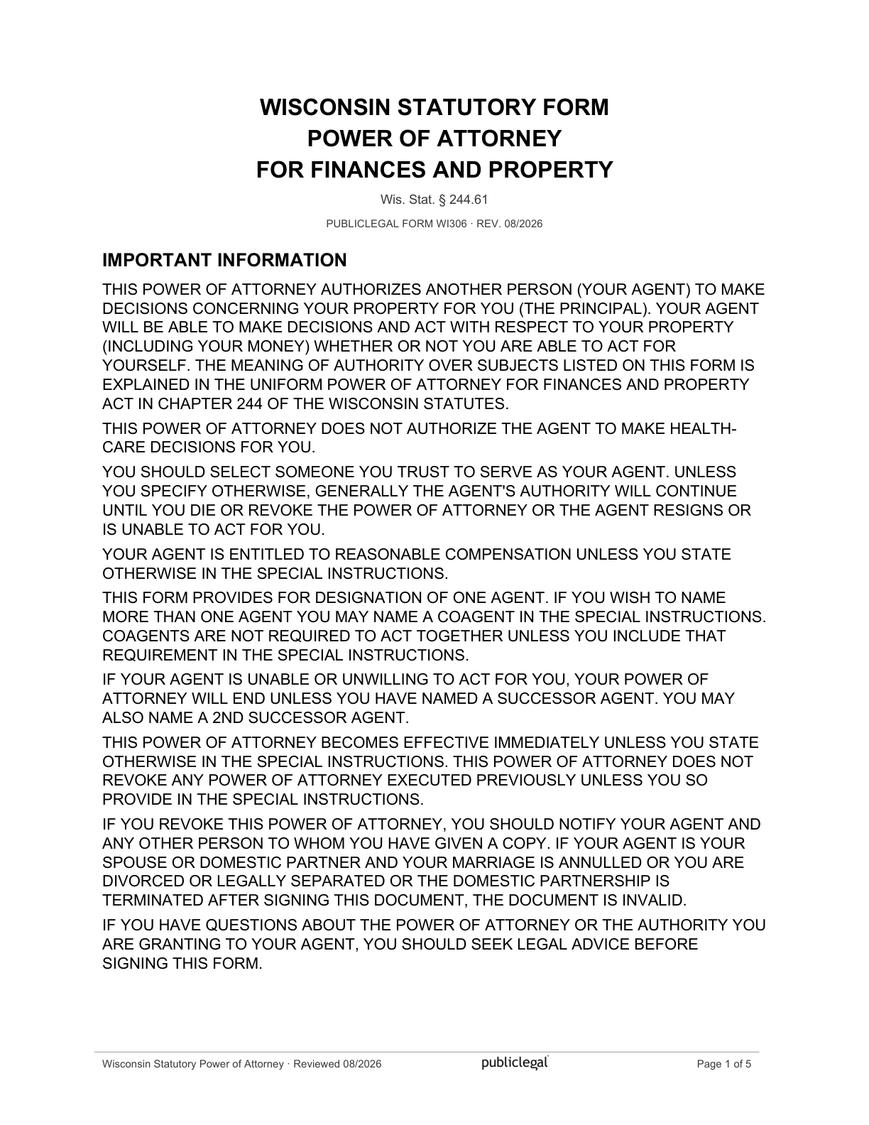 Page 1 of the Wisconsin Statutory Power of Attorney