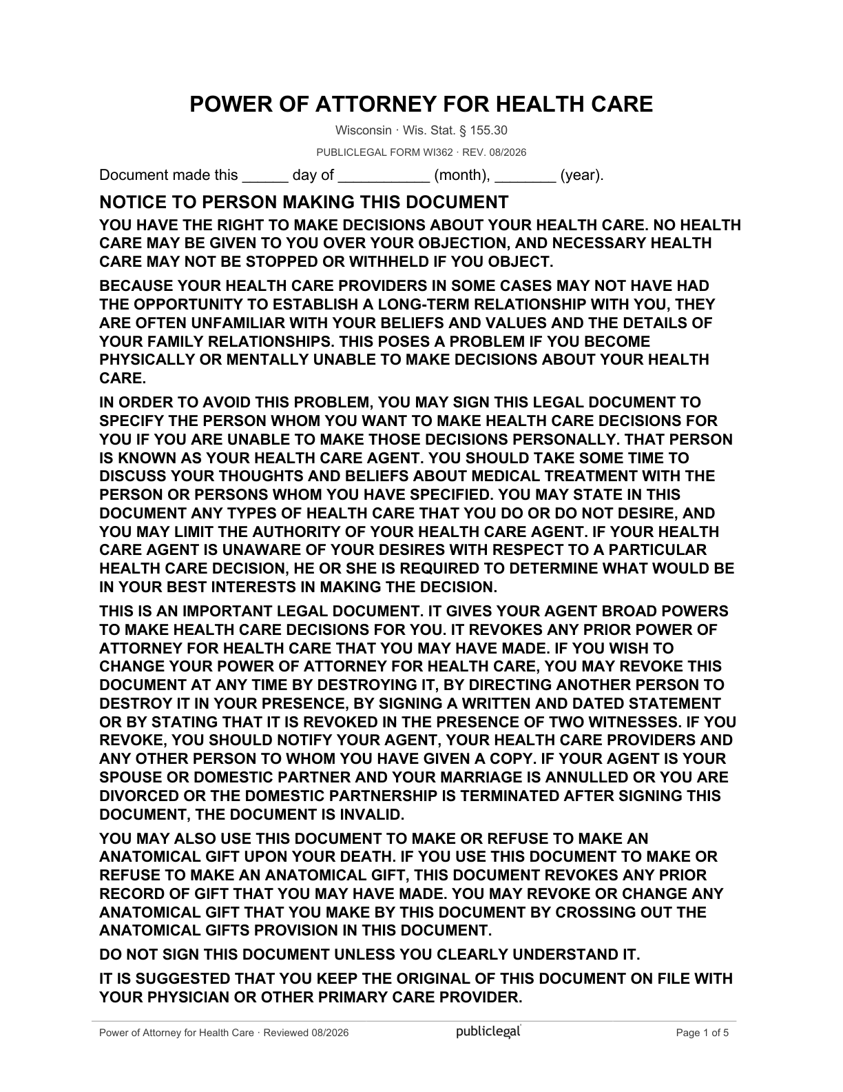 Page 1 of the Wisconsin Power of Attorney for Health Care form, as delivered in the download