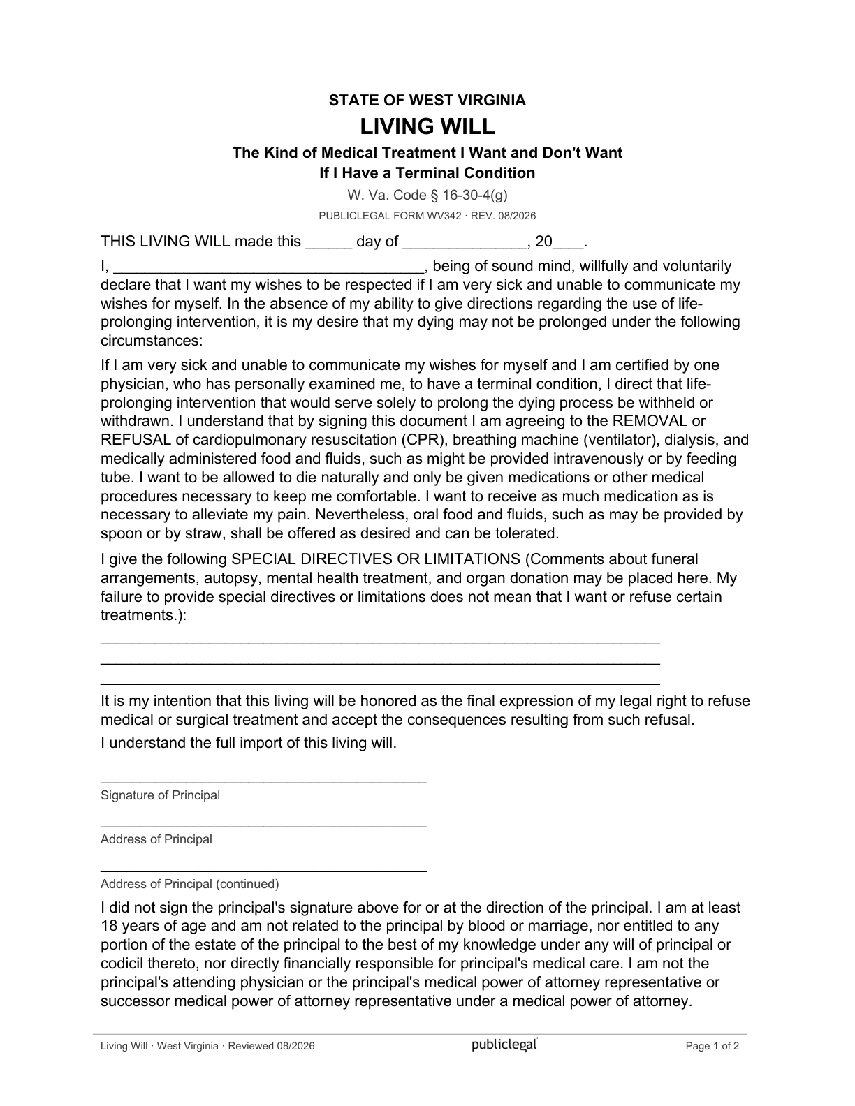 Page 1 of the West Virginia Living Will form, as delivered in the download