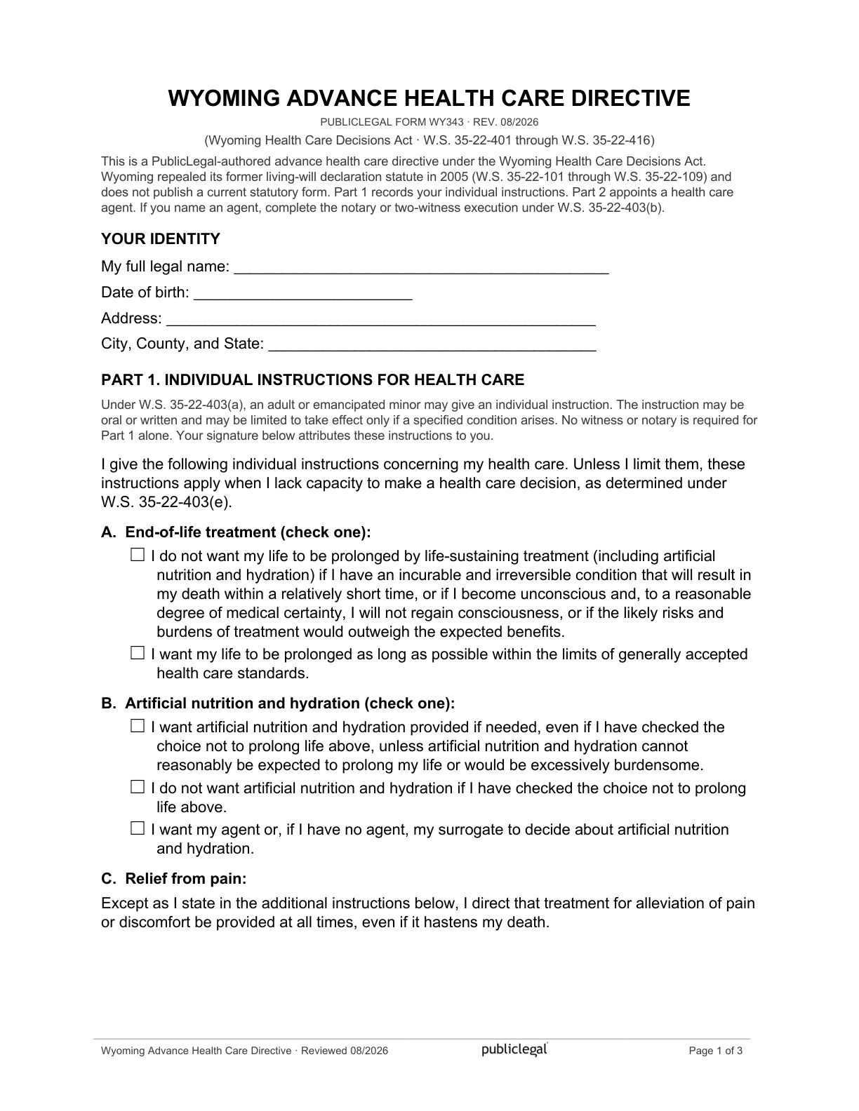Page 1 of the Wyoming Advance Health Care Directive, as delivered in the download