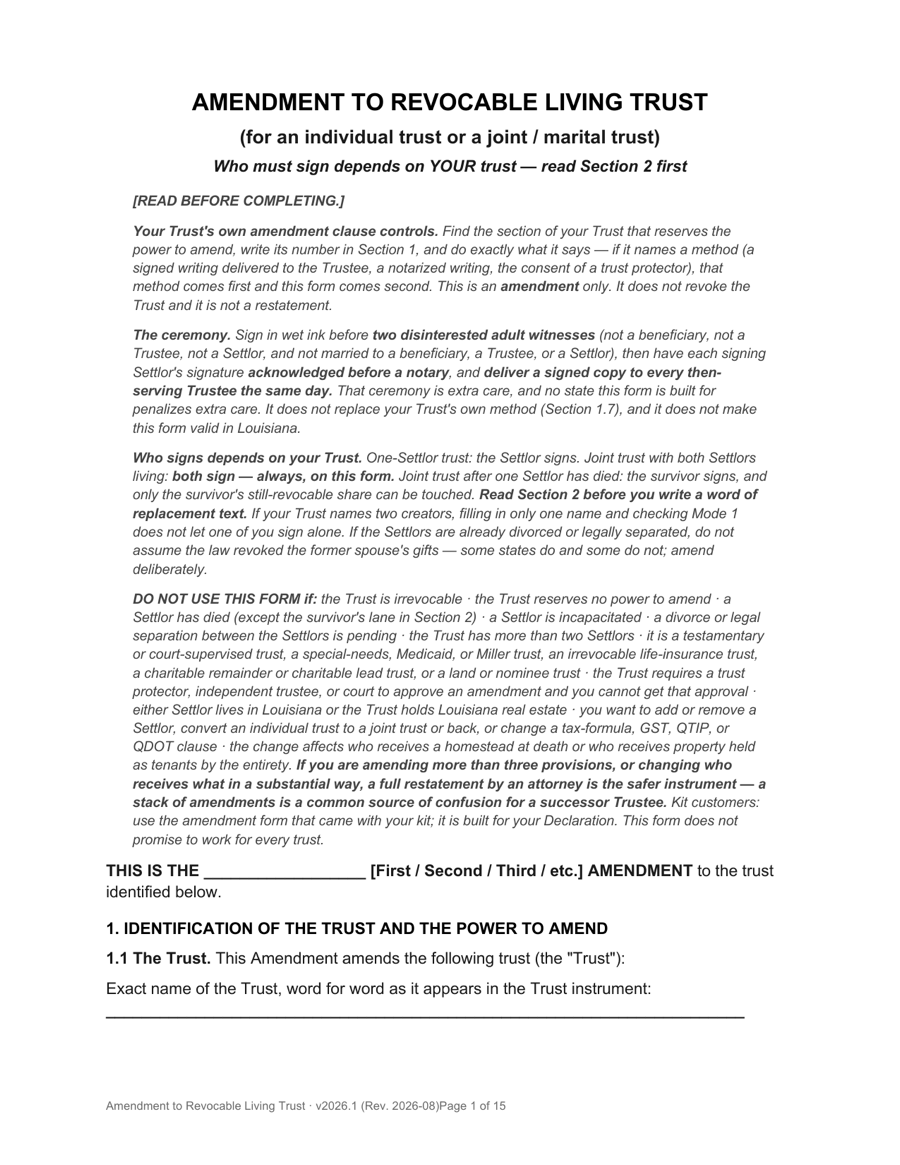 Page 1 of the Amendment to Revocable Living Trust, Living Trust 2026 Edition