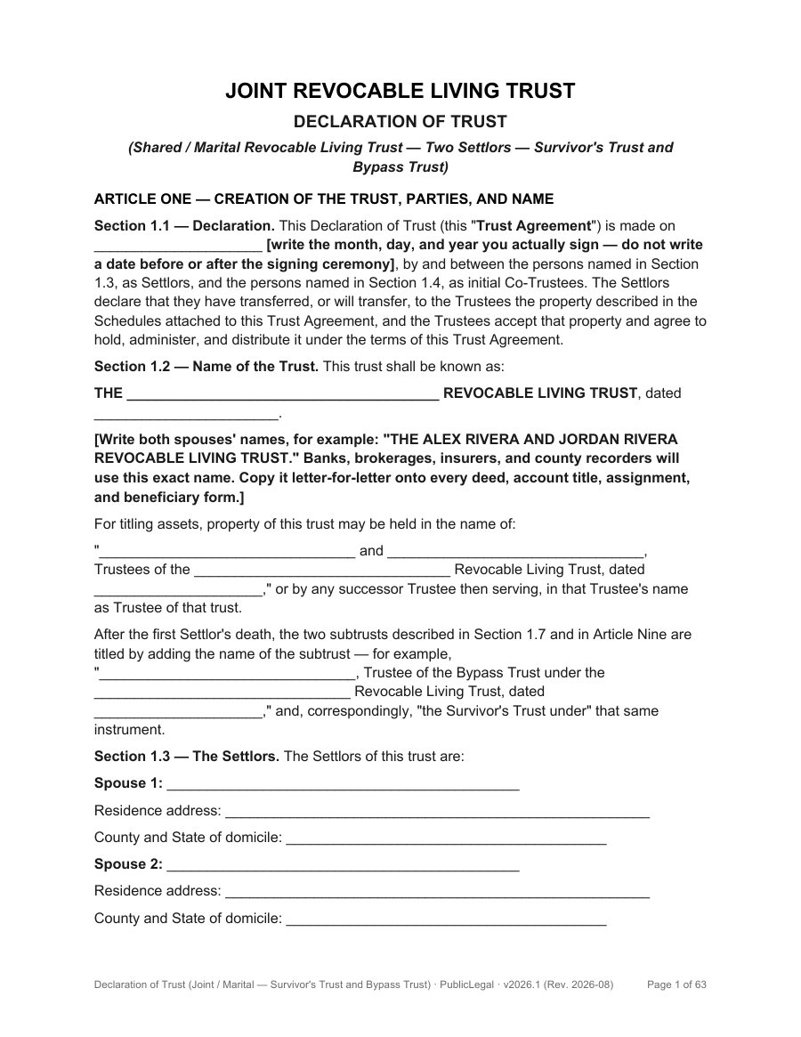 Page 1 of the Joint Revocable Living Trust Declaration (Survivor’s Trust and Bypass Trust), Living Trust 2026 Edition
