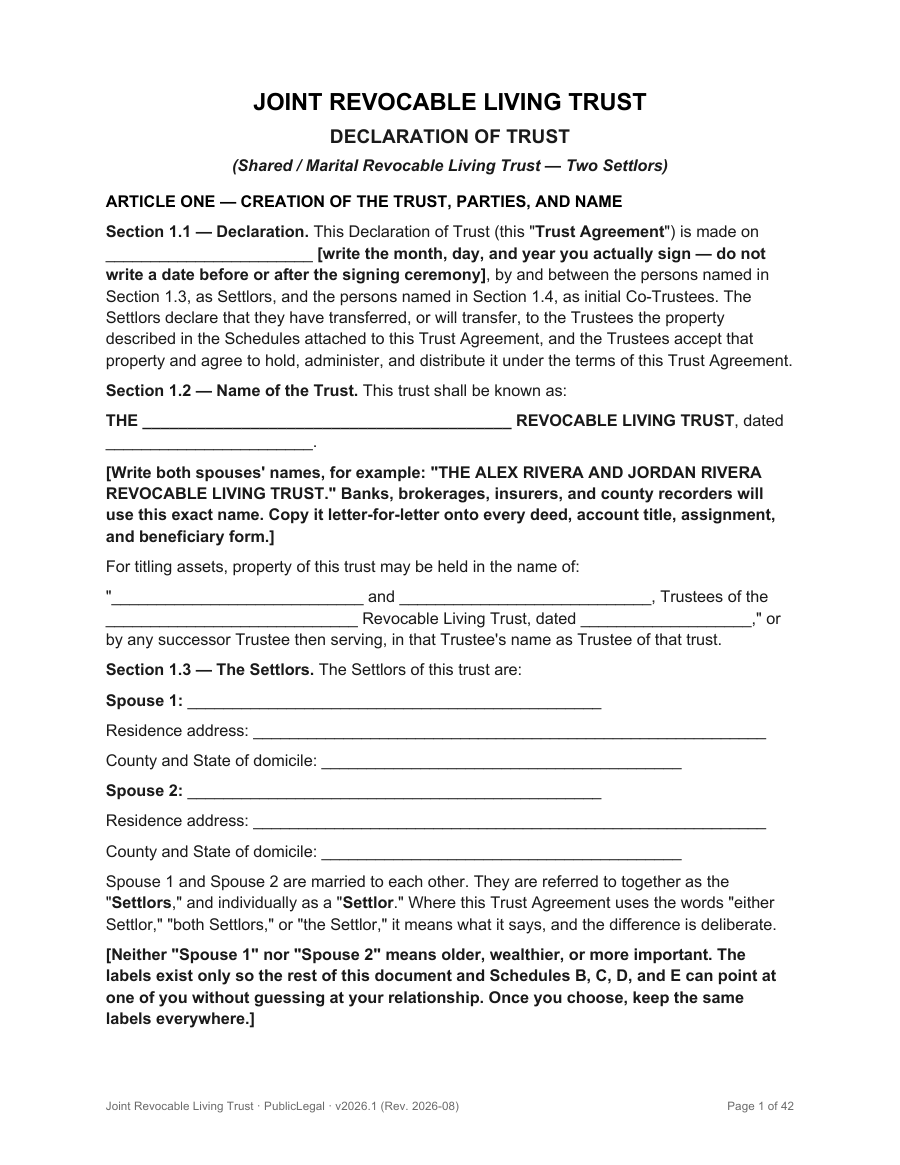 Page 1 of the Joint Revocable Living Trust Declaration, Living Trust 2026 Edition