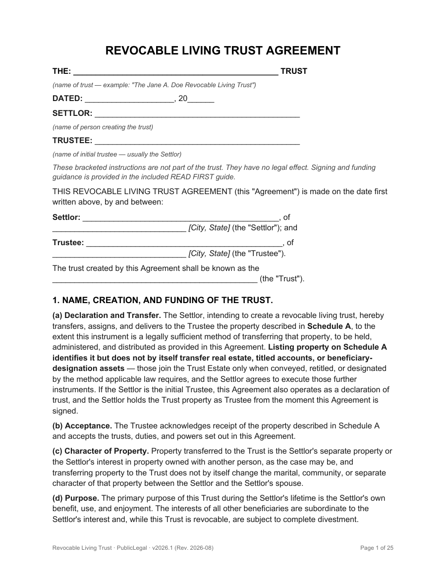 Page 1 of the Revocable Living Trust instrument, Living Trust 2026 Edition