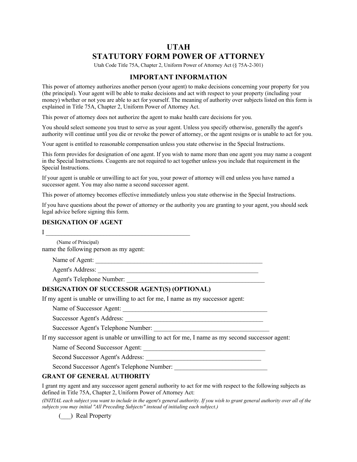 Page 1 of the blank Utah Statutory Form Power of Attorney (Effective Upon Incapacity) — title, important information, and designation of agent