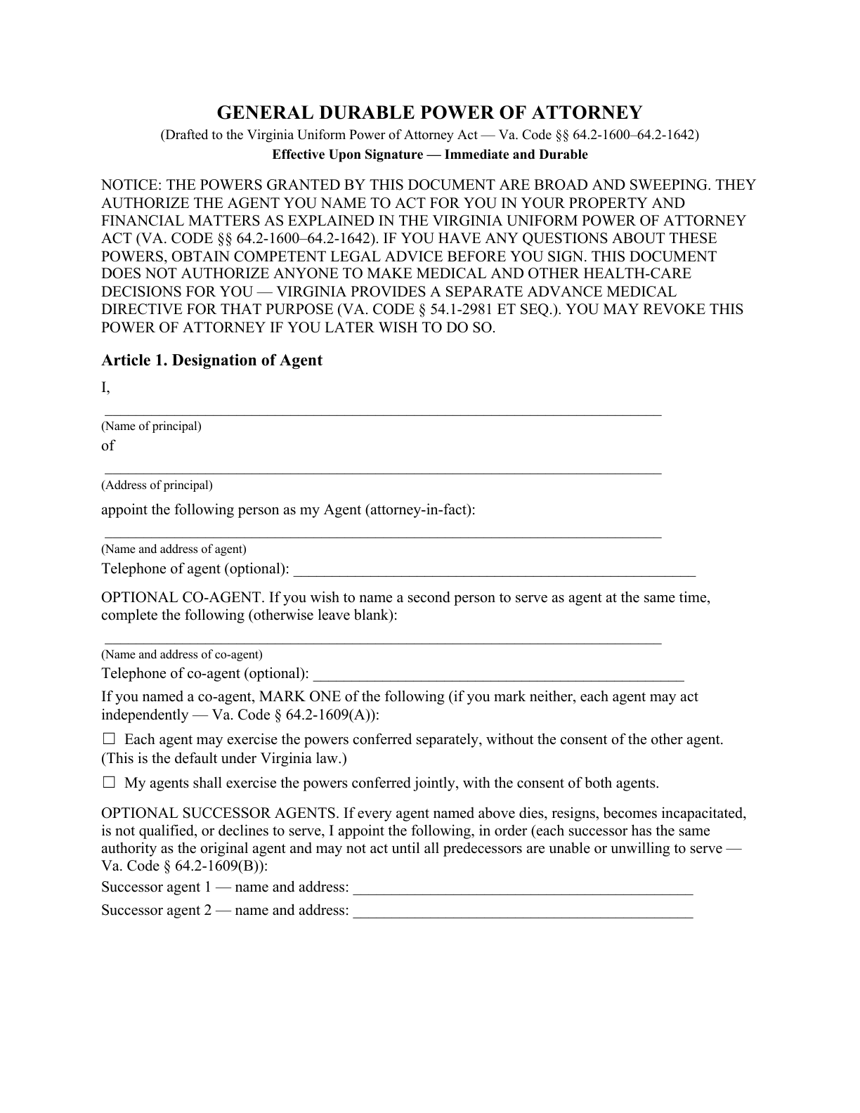 Page 1 of the blank Virginia General Durable Power of Attorney for Property & Finances (Immediate)