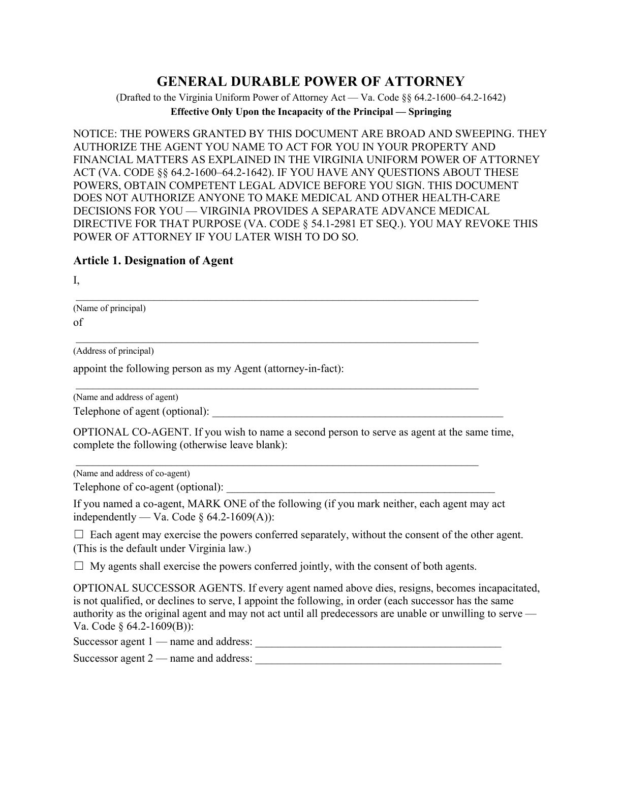 Page 1 of the blank Virginia General Durable Power of Attorney for Property & Finances (Upon Disability)