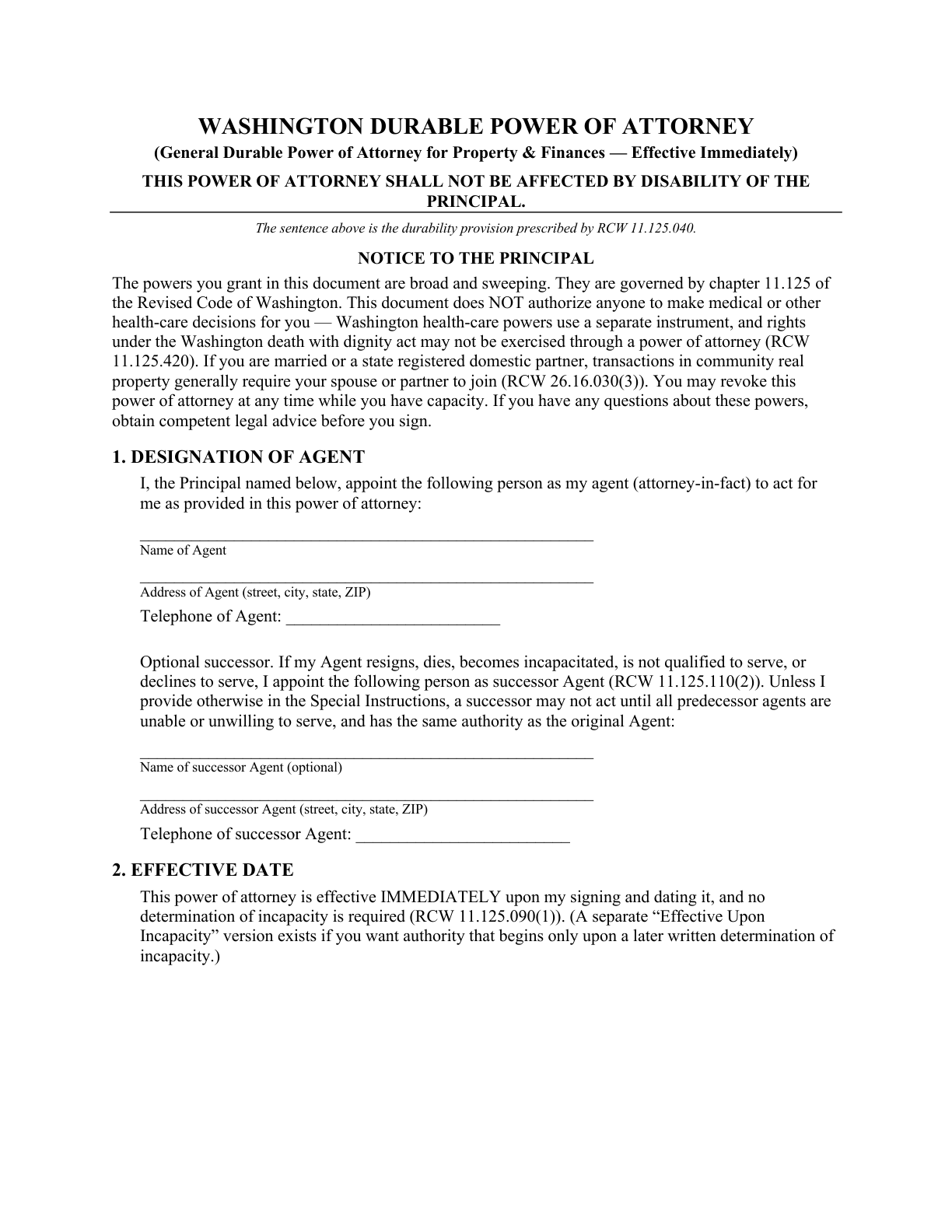 Page 1 of the blank Washington General Durable Power of Attorney (Effective Immediately) — title, durability provision, notice, and designation of agent