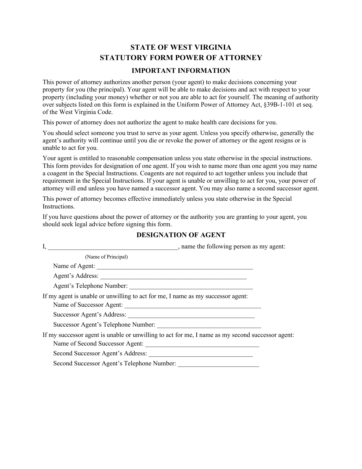 Page 1 of the blank West Virginia General Durable Power of Attorney (Effective Upon Incapacity) — statutory-form title, important-information notice, and designation of agent