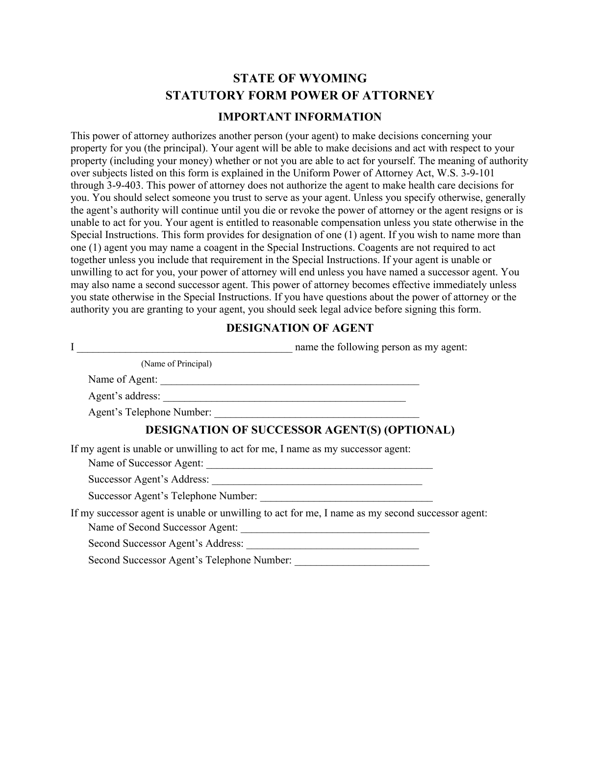 Page 1 of the blank Wyoming General Durable Power of Attorney (Effective Immediately) — statutory-form title, important-information notice, and designation of agent